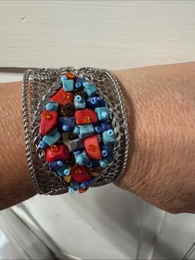 Multicolor Beaded Statement Cuff Bracelet - Silver Tone